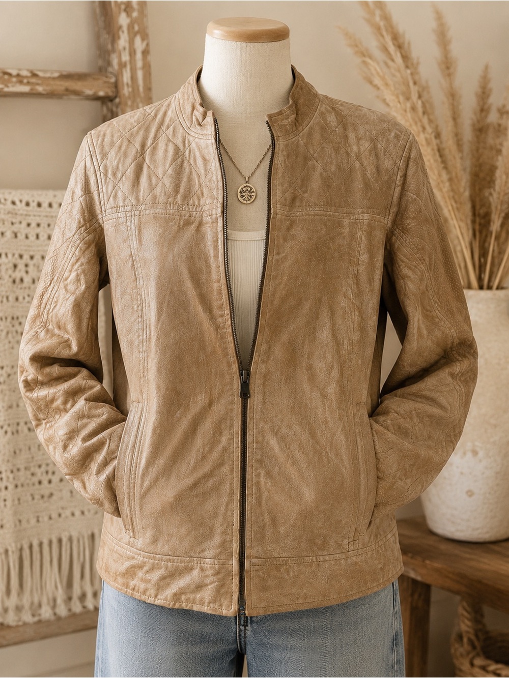 Ruff Hewn Genuine Leather Quilted Moto Jacket Tan Medium Boho